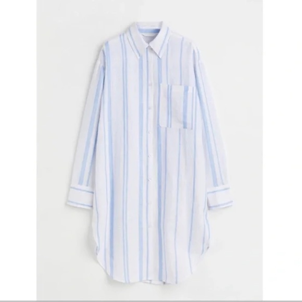 H&M Blue & White Striped 100% Linen Shirt Dress size M